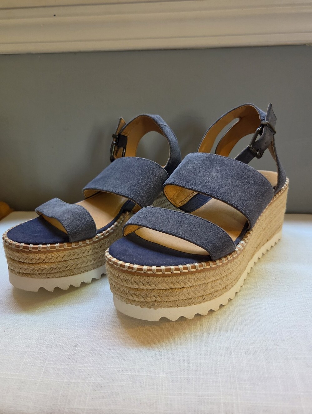 Crown Vintage Slate Blue Suede Platform Wedge Sandals